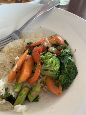 Sautéed vegetables over jasmine rice at S&P Oyster Company in Mystic