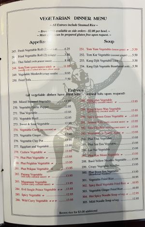 Veggie menu  at The King and I in Rochester