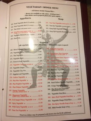 Vegetarian dinner menu  at The King and I in Rochester
