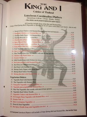 Vegetarian dishes for lunch listed at The King and I in Rochester