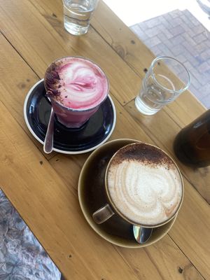 Turkish delight latte with soy, hot choccy with oat  at Pixie and the Hawk in Torrensville