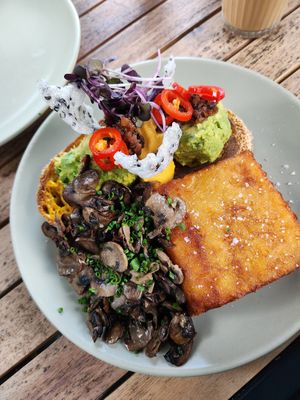 Avo Scramble with Mushroom, potato rosti at Pixie and the Hawk in Torrensville