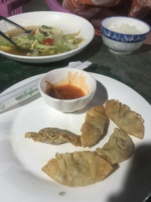 Mixed veg and dumplings!! So tasty!! Also had a coffee and banana smoothie, highly recommend!! at Mrs Popcorn's Garden in Hsipaw