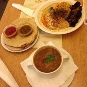 Hummus plate with pita, lentil soup at Hummus Bar - Hollan Erno in Budapest