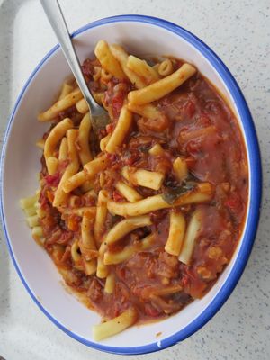 macaroni with soya bolognaise (vegan) at Mensacafe in Saarbrucken