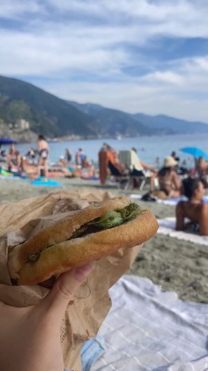 vegan sandwich (build your own) with focaccia and vegan pesto  at Lunch Box in Vernazza