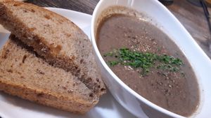 Mushroom soup & homemade bread at Breda Murphy Restaurant in Whalley