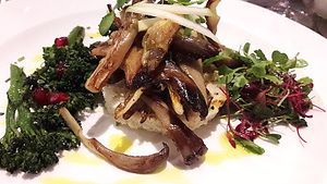 Panfried mushrooms with lemongrass curry oil on toasted bread  at Breda Murphy Restaurant in Whalley