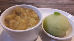 Apple gooseberry & lavender compote with sorbet at Breda Murphy Restaurant in Whalley