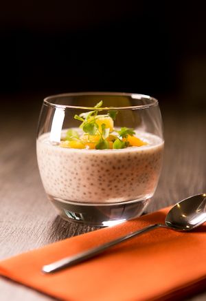 Tropical chai pudding with berries and mint at Breda Murphy Restaurant in Whalley