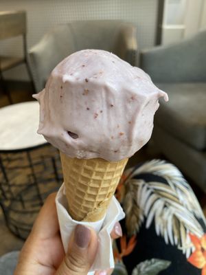 Strawberry nice cream in a sugar cone at FoMu - Tremont in Boston