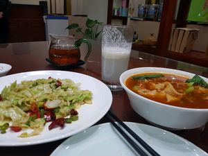ricemilk, noodles in broth and my all time favorite; Chinese cabbage   at Shangdao Vegetarian 上道素食 in Xian