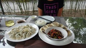 Jiao zi and pancakes with nut/veg filling. at Shangdao Vegetarian 上道素食 in Xian