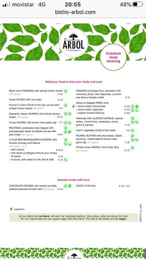 ate here 14/01/21 ! all vegan except the mayo ! 

really great menu + delicious food , staff really friendly and honest about portion size / recommendations ! 3 dessert options ! at Bistro Arbol in Lanzarote