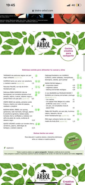 El Arbol menu at Bistro Arbol in Lanzarote