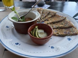 Indian pancakes. Met chutney.  at Bistro Arbol in Lanzarote