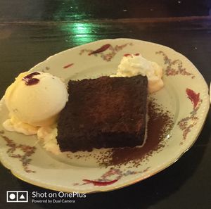 Brownie with passion fruit ice-cream at Bistro Arbol in Lanzarote
