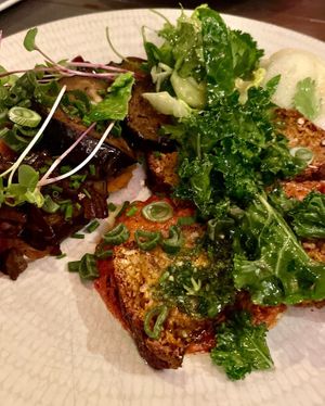 Roasted aubergines on carrot cream with lentils bread at Bistro Arbol in Lanzarote