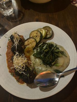 Portobello meatballs, mashed potato, chard and courgette (this was a special)  at Bistro Arbol in Lanzarote