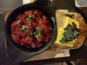 It was a today dish. I don't remember the name, bus there were baked veggies, soy meat and polenta on the side at Bistro Arbol in Lanzarote