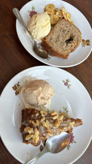 Banana bread and vanilla ice cream at the top, carrot cake and hazelnut ice cream on the bottom of the photo    at Bistro Arbol in Lanzarote