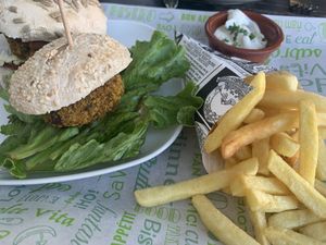 Burgers with fries and garlicc  at Bistro Arbol in Lanzarote