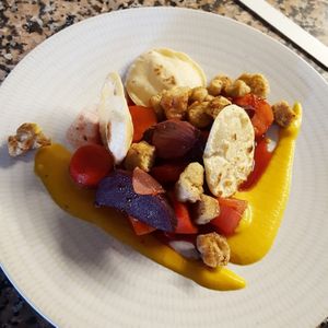 Glazed root vegetables 'à la française', crunchy soja, flatbread and creamy pumpkin.  at Bistro Arbol in Lanzarote