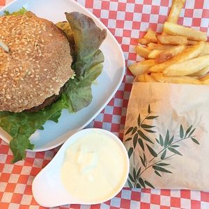 Homemade vegan mayonnaise with a bean burger!  at Bistro Arbol in Lanzarote