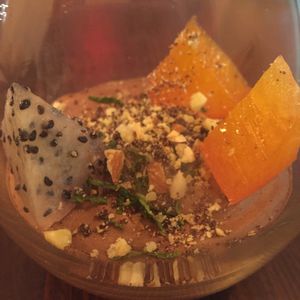 Vegan chocolate mousse with exotic fruits  at Bistro Arbol in Lanzarote