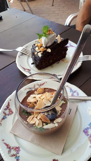 Yummy chocolate mousse and cake at Bistro Arbol in Lanzarote
