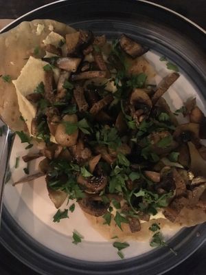 Flatbread with hummus, seitan, mushrooms and aubergine  at Bistro Arbol in Lanzarote