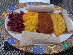 Beet side, cabbage, red lentils, split peas at Goorsha in Durham