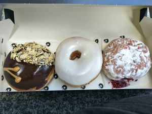 Peanut butter chocolate, vanilla glaze and raspberry jam at The Rolling Donut - Dublin 2 in Dublin