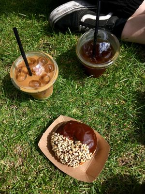Ferrero Rocher donut and iced coffee at The Rolling Donut - Dublin 2 in Dublin