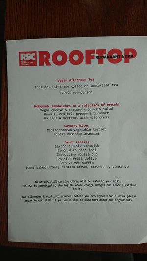 Vegan afternoon tea menu at Rooftop Restaurant and Bar - Royal Shakespeare Company in Stratford-upon-avon