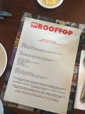 May 2018 vegan pre theatre menu  at Rooftop Restaurant and Bar - Royal Shakespeare Company in Stratford-upon-avon