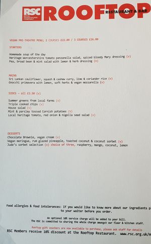 Vegan menu at Rooftop Restaurant and Bar - Royal Shakespeare Company in Stratford-upon-avon