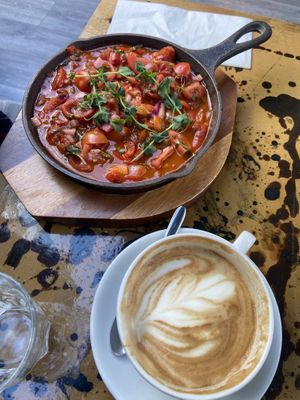 Vegan shakshouka & oat milk cappuccino   at Lemon Leaf in Kinsale