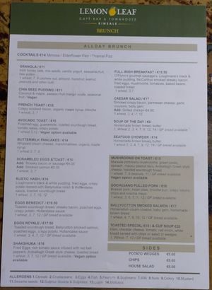 Menu as of May 2026 at Lemon Leaf in Kinsale