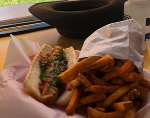 Veggie dog and fries  at Mustard's Last Stand in Boulder