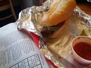 soy italian sausage and peppers at Mustard's Last Stand in Boulder