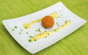 Croquette with vegan cheese and smoked Curry-Soja Mayonnaise at Past & Future in Fuerteventura