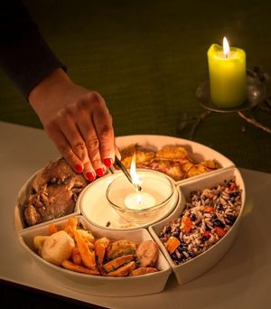 "Magic plate" - oyster mushrooms steamed with canarian rum, cuban rice "Morros y Cristiansos", Tostones (fried banana) and spicy orange-onion salad at Past & Future in Fuerteventura