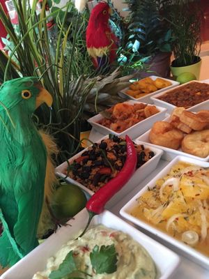 Caribbean buffet with chili sin carne, fried banana and Yuca, Soja beer -goulash, Guacamole and cuban rice. at Past & Future in Fuerteventura