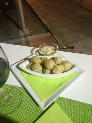 Dumplings and garlic sauce. at Past & Future in Fuerteventura