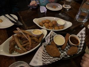 Vegan fried pickles, vegan chicken fingers, fried sweet corn   at Oak  in Seattle