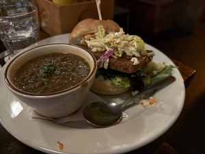 Last Unicorn fried tofu sandwich with lentil soup   at Oak  in Seattle