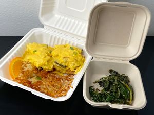 Acorn Benny w/Just Egg instead of Yo Egg (Israeli company that donates food to the IDF) + hashbrowns + kale (takeout) at Oak  in Seattle