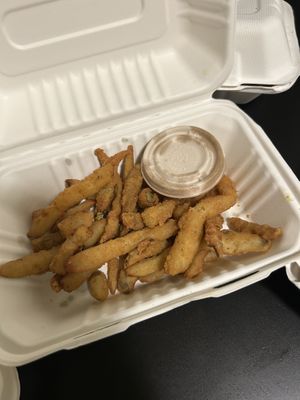 Vegan Battered Fried Pickle Spears w/ hunni mustardd  at Oak  in Seattle