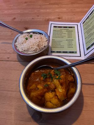 My favorite, the Aloo Gobi with basmati rice.  at Bombay Deluxe in Anchorage